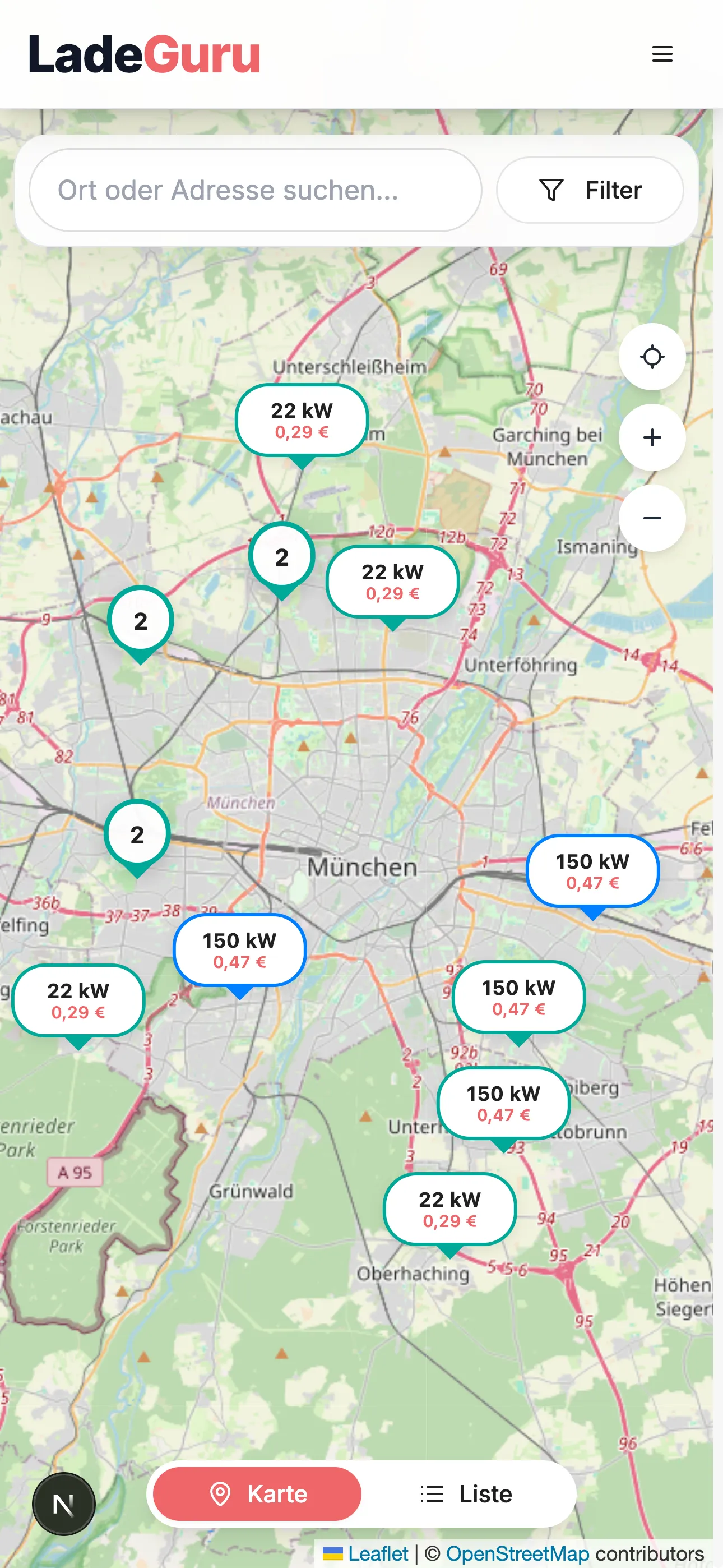 LadeGuru App Screenshot - Elektroauto Ladestationen finden